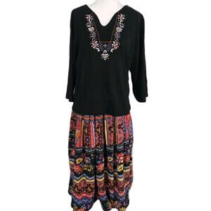 Vtg 90s Phool Boho Art To Wear Broomstick Floral Skirt & Embroidered Blouse Sz M